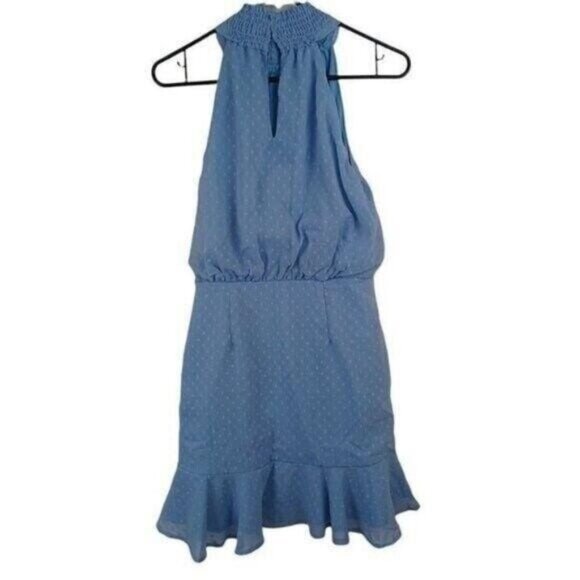 Lulus Womens Blue Halter Dress With Polka Dot Pattern & Ruffle Hem Size L - Picture 5 of 10